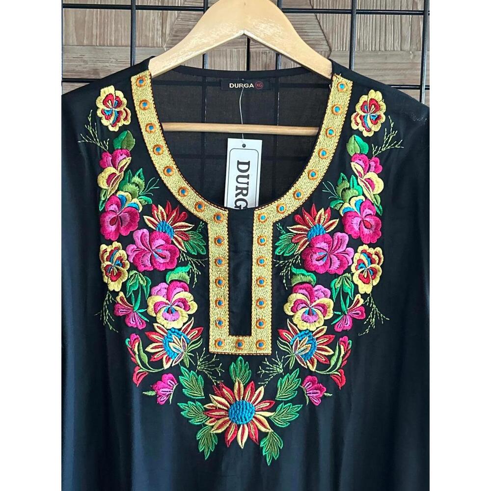 NWT Durga Tunic XL Black Pink Floral Embroidered 3/4 Sleeve - Picture 2 of 7